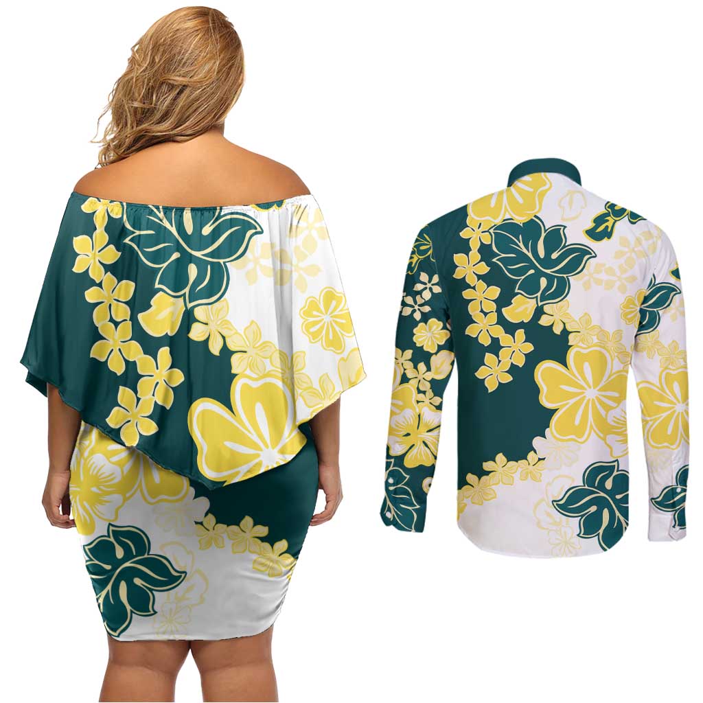 Yelow Teal Hibiscus Plumeria Floral Couples Matching Off Shoulder Short Dress and Long Sleeve Button Shirt - Polynesian Pride