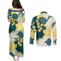 Yelow Teal Hibiscus Plumeria Floral Couples Matching Puletasi and Long Sleeve Button Shirt - Polynesian Pride