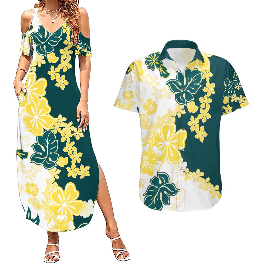 Yelow Teal Hibiscus Plumeria Floral Couples Matching Summer Maxi Dress and Hawaiian Shirt - Polynesian Pride