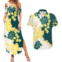 Yelow Teal Hibiscus Plumeria Floral Couples Matching Summer Maxi Dress and Hawaiian Shirt - Polynesian Pride