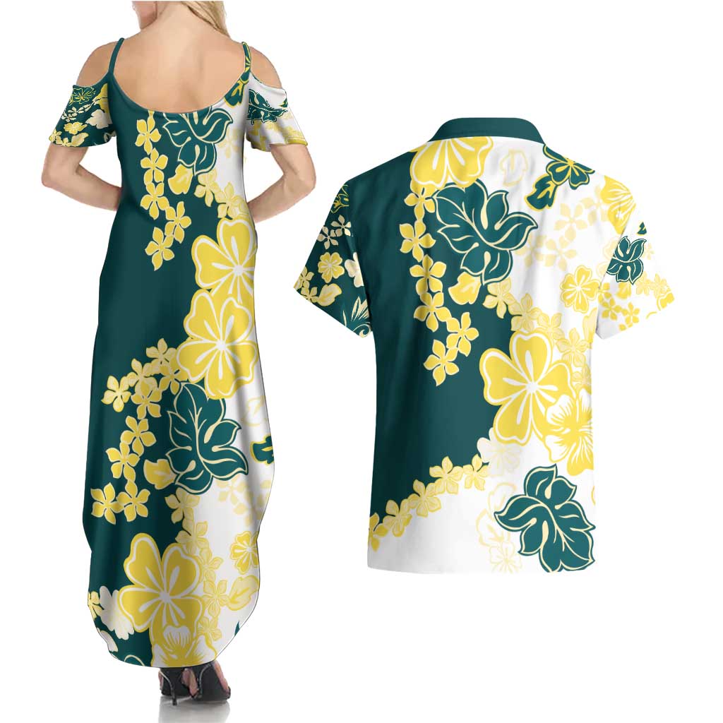 Yelow Teal Hibiscus Plumeria Floral Couples Matching Summer Maxi Dress and Hawaiian Shirt - Polynesian Pride