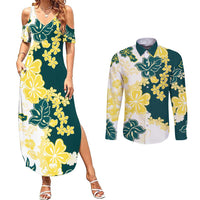 Yelow Teal Hibiscus Plumeria Floral Couples Matching Summer Maxi Dress and Long Sleeve Button Shirt - Polynesian Pride