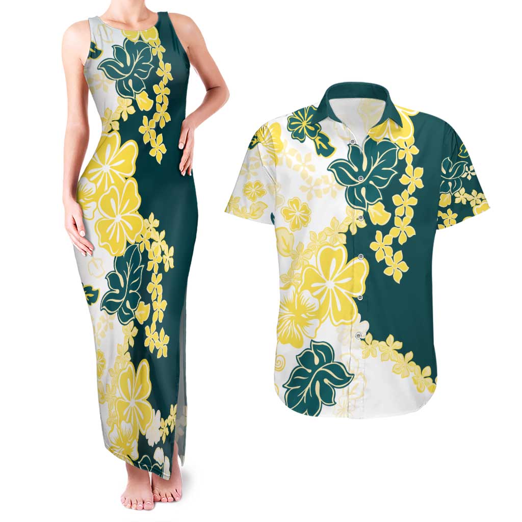 Yelow Teal Hibiscus Plumeria Floral Couples Matching Tank Maxi Dress and Hawaiian Shirt - Polynesian Pride