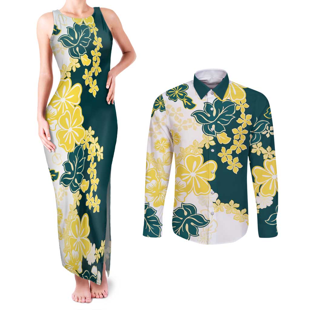 Yelow Teal Hibiscus Plumeria Floral Couples Matching Tank Maxi Dress and Long Sleeve Button Shirt - Polynesian Pride