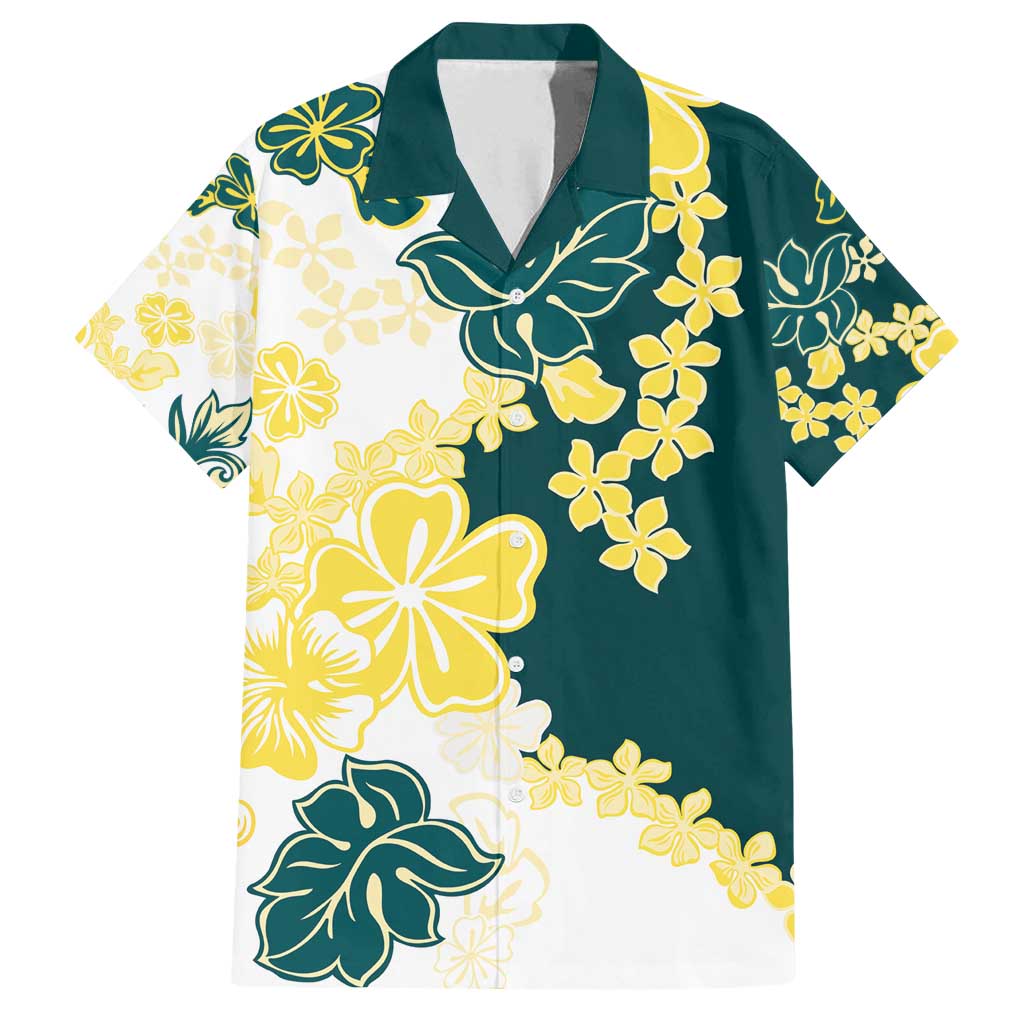 Yelow Teal Hibiscus Plumeria Floral Family Matching Long Sleeve Bodycon Dress and Hawaiian Shirt LT01 Dad's Shirt - Short Sleeve Yellow - Polynesian Pride