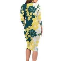 Yelow Teal Hibiscus Plumeria Floral Family Matching Long Sleeve Bodycon Dress and Hawaiian Shirt LT01 - Polynesian Pride
