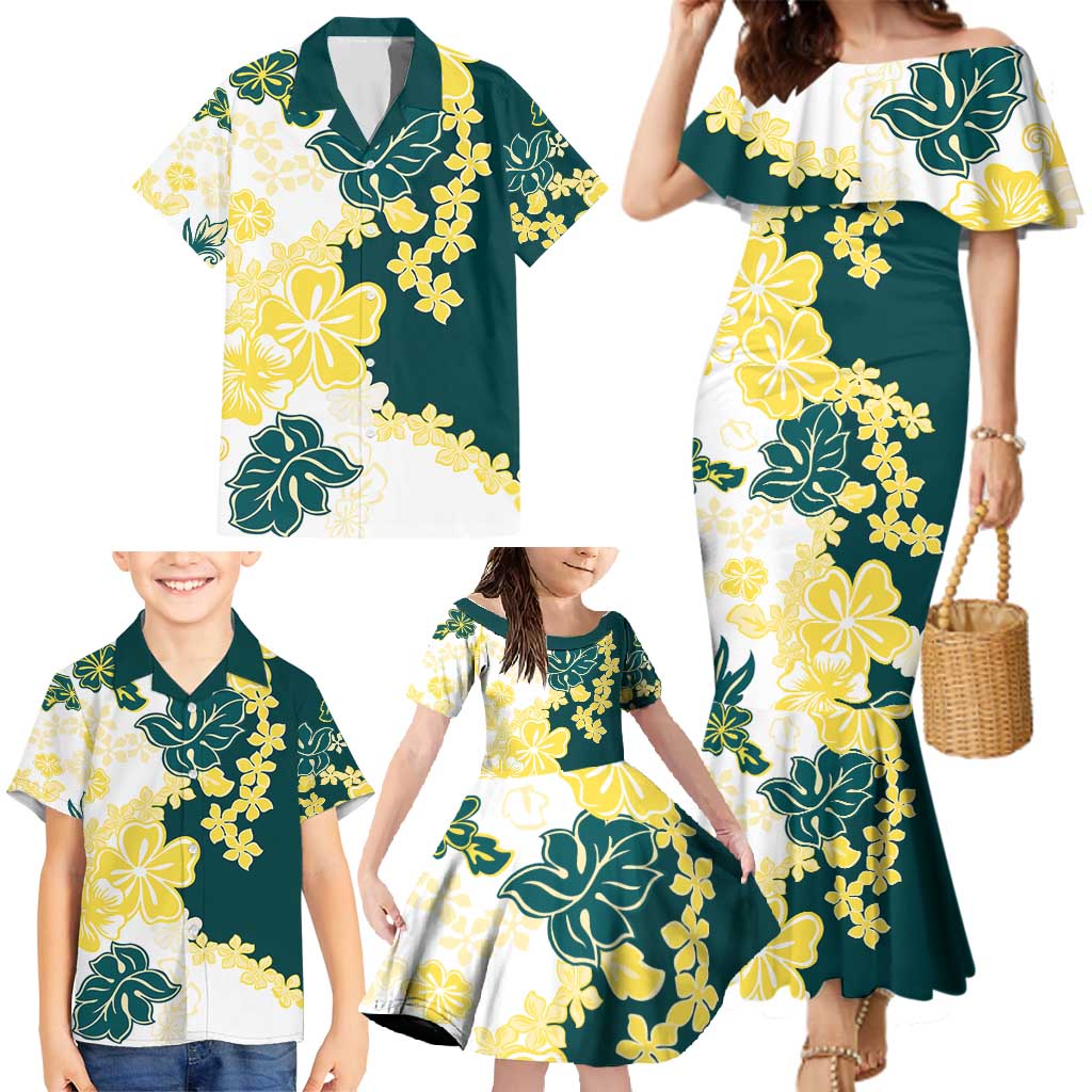 Yelow Teal Hibiscus Plumeria Floral Family Matching Mermaid Dress and Hawaiian Shirt - Polynesian Pride