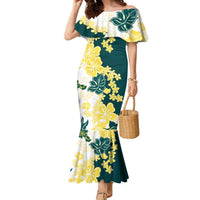 Yelow Teal Hibiscus Plumeria Floral Family Matching Mermaid Dress and Hawaiian Shirt LT01 Mom's Dress Yellow - Polynesian Pride