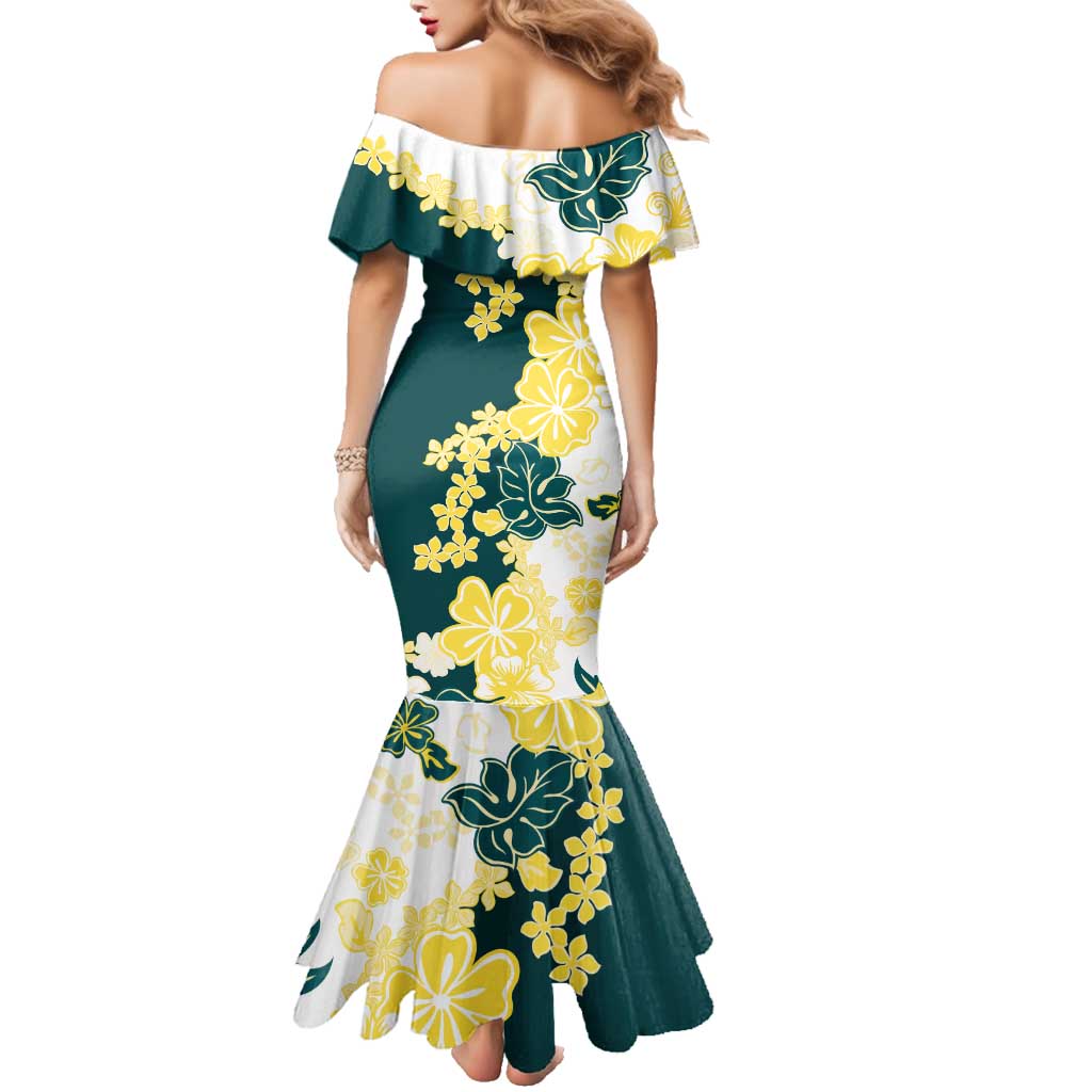 Yelow Teal Hibiscus Plumeria Floral Family Matching Mermaid Dress and Hawaiian Shirt LT01 - Polynesian Pride