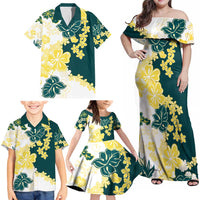Yelow Teal Hibiscus Plumeria Floral Family Matching Off Shoulder Maxi Dress and Hawaiian Shirt LT01 - Polynesian Pride