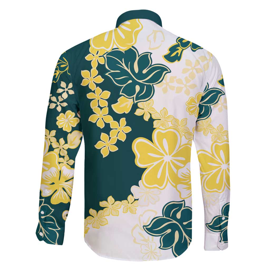 Yelow Teal Hibiscus Plumeria Floral Family Matching Off Shoulder Maxi Dress and Hawaiian Shirt LT01 - Polynesian Pride