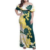 Yelow Teal Hibiscus Plumeria Floral Family Matching Off Shoulder Maxi Dress and Hawaiian Shirt LT01 Mom's Dress Yellow - Polynesian Pride