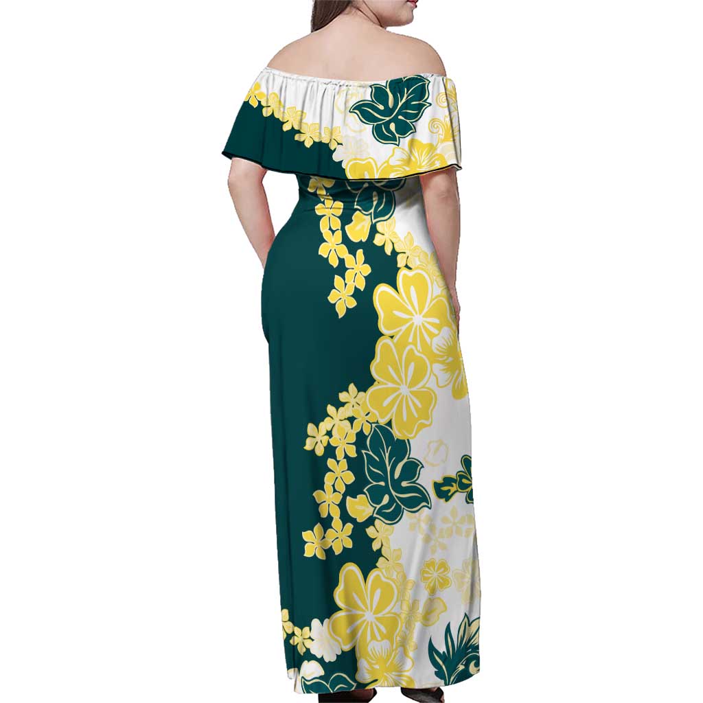 Yelow Teal Hibiscus Plumeria Floral Family Matching Off Shoulder Maxi Dress and Hawaiian Shirt LT01 - Polynesian Pride