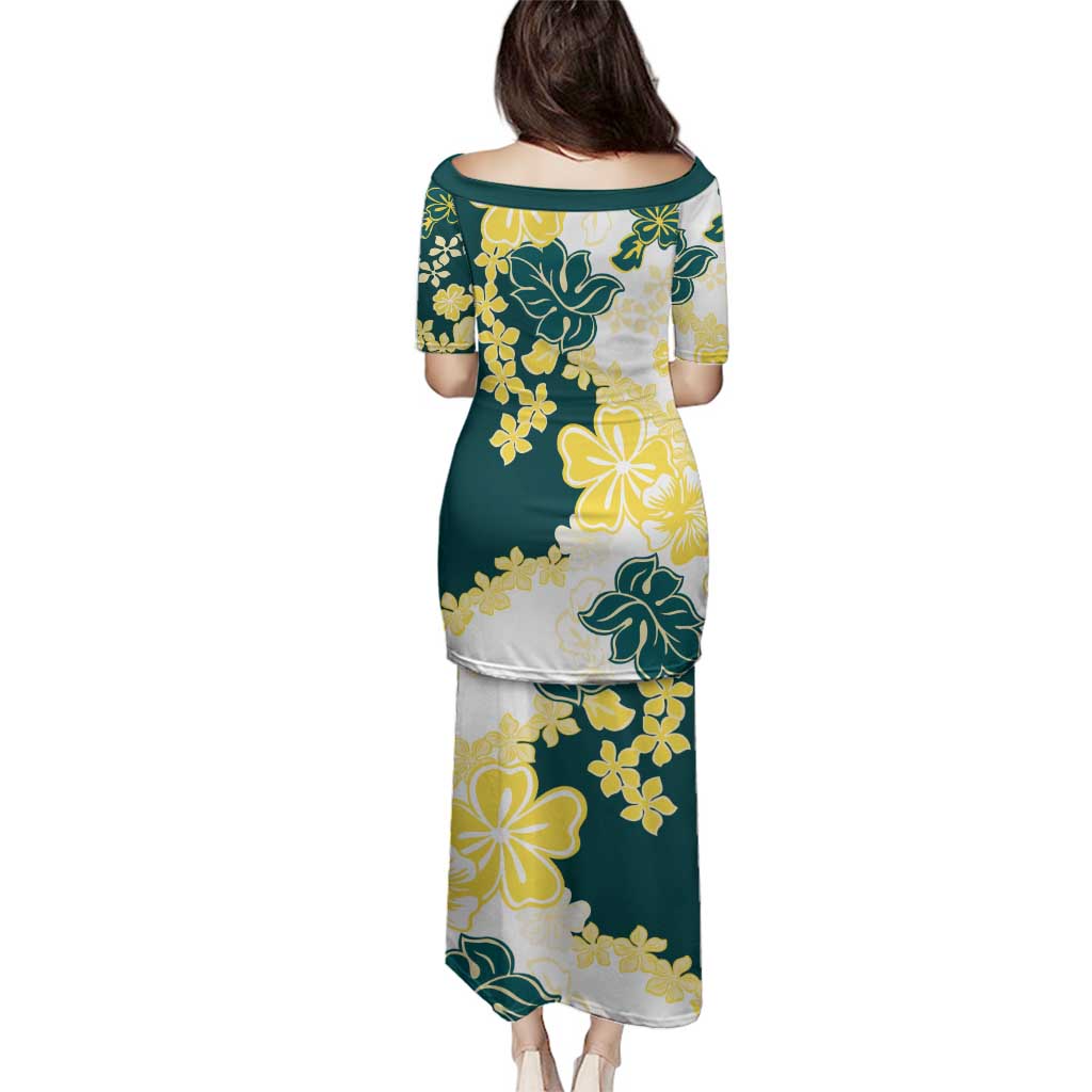 Yelow Teal Hibiscus Plumeria Floral Family Matching Puletasi and Hawaiian Shirt - Polynesian Pride