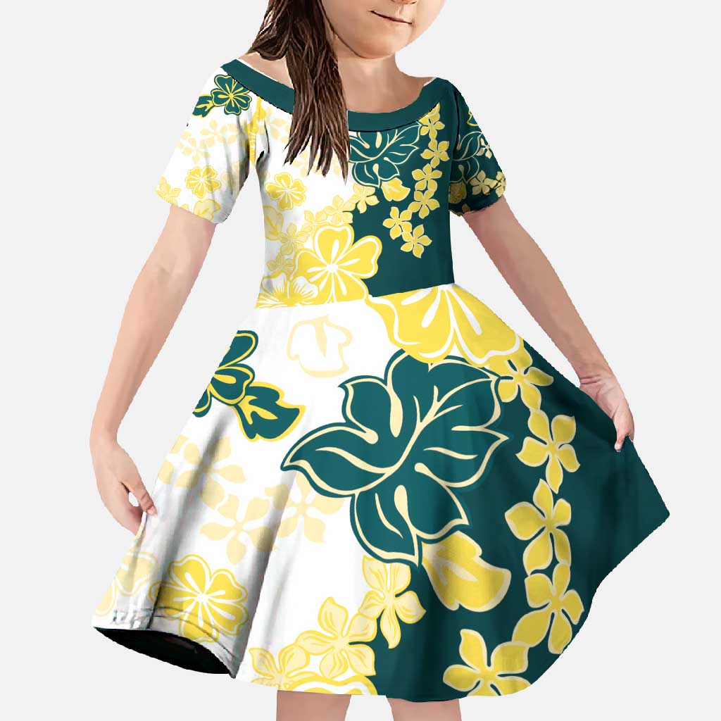 Yelow Teal Hibiscus Plumeria Floral Family Matching Short Sleeve Bodycon Dress and Hawaiian Shirt LT01 Daughter's Dress Yellow - Polynesian Pride