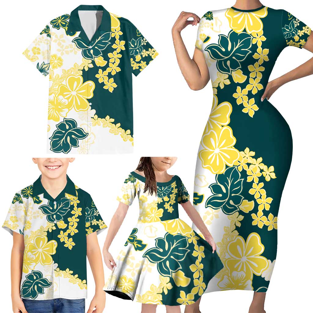 Yelow Teal Hibiscus Plumeria Floral Family Matching Short Sleeve Bodycon Dress and Hawaiian Shirt LT01 - Polynesian Pride