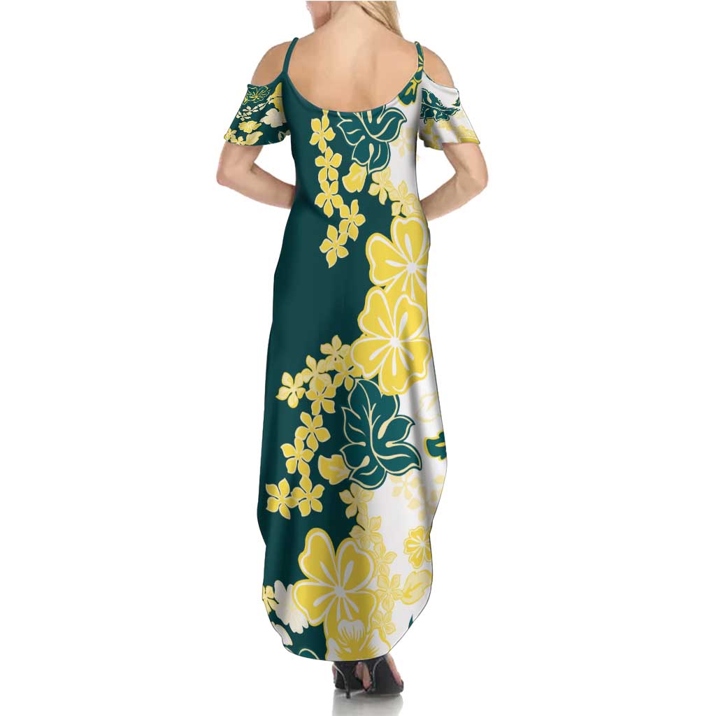 Yelow Teal Hibiscus Plumeria Floral Family Matching Summer Maxi Dress and Hawaiian Shirt - Polynesian Pride