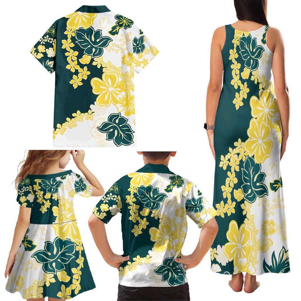 Yelow Teal Hibiscus Plumeria Floral Family Matching Tank Maxi Dress and Hawaiian Shirt LT01 - Polynesian Pride