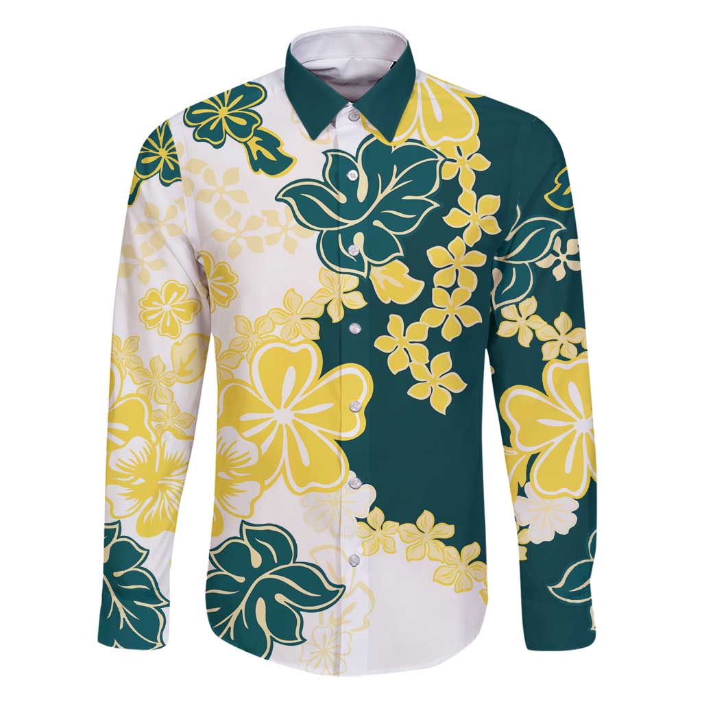 Yelow Teal Hibiscus Plumeria Floral Family Matching Tank Maxi Dress and Hawaiian Shirt LT01 Dad's Shirt - Long Sleeve Yellow - Polynesian Pride