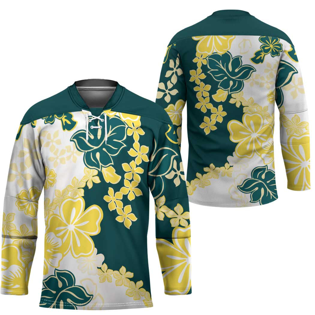 Yelow Teal Hibiscus Plumeria Floral Hockey Jersey - Polynesian Pride