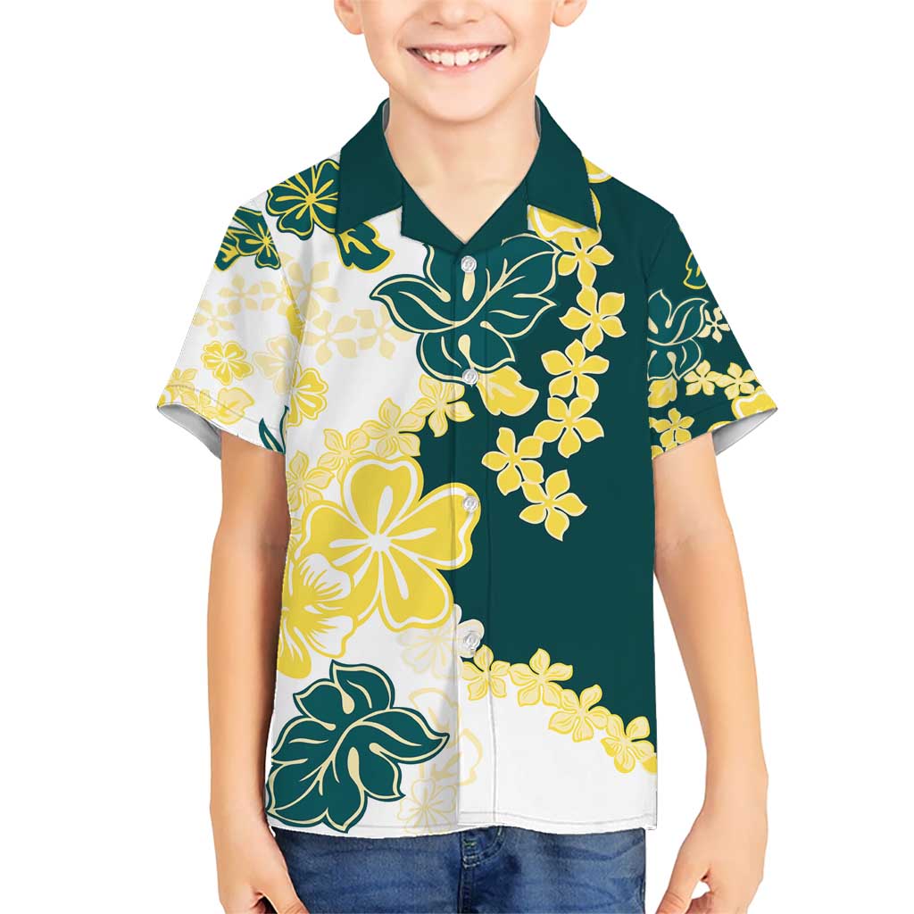 Yelow Teal Hibiscus Plumeria Floral Kid Hawaiian Shirt - Polynesian Pride