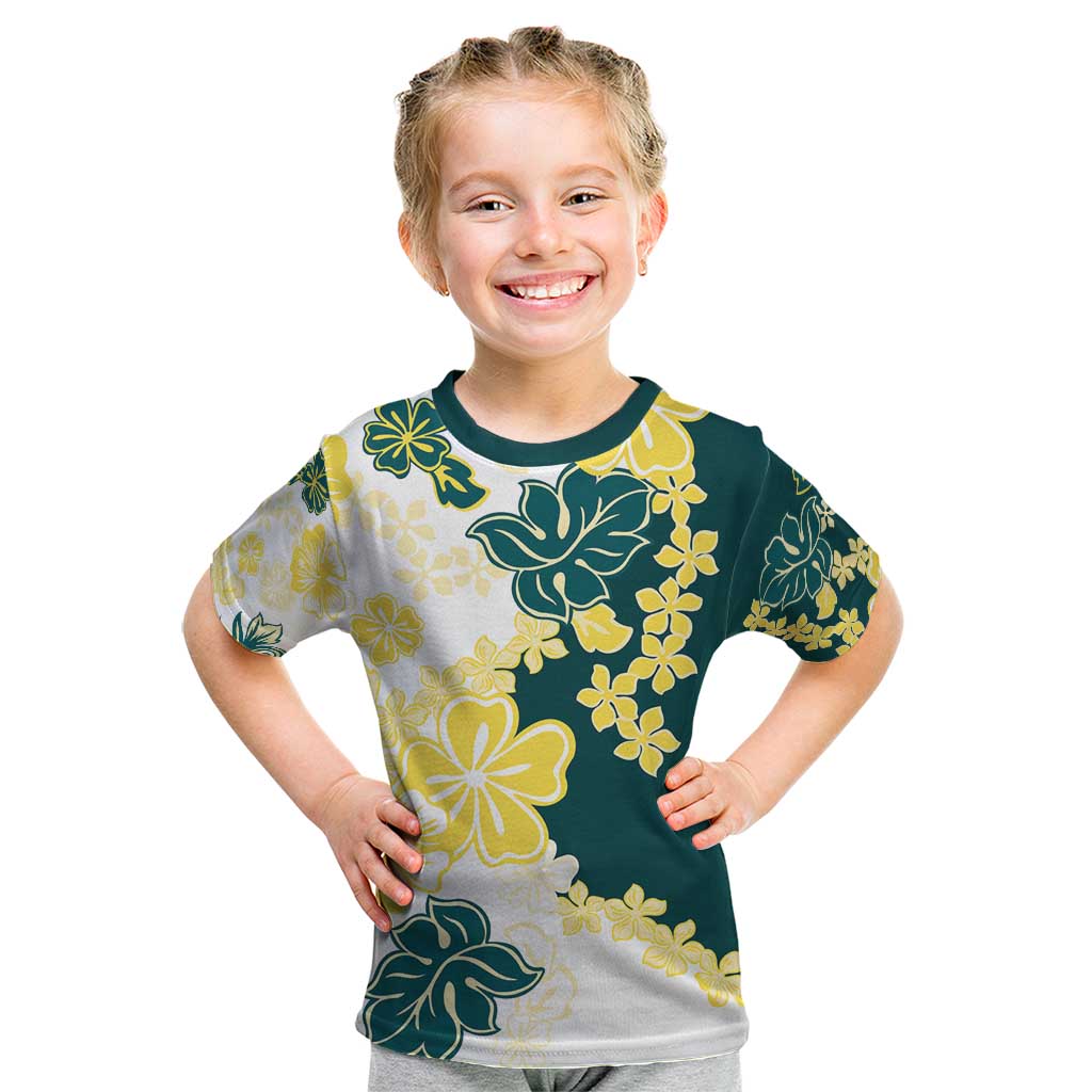 Yelow Teal Hibiscus Plumeria Floral Kid T Shirt - Polynesian Pride