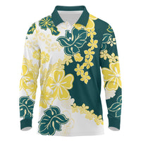 Yelow Teal Hibiscus Plumeria Floral Long Sleeve Polo Shirt - Polynesian Pride