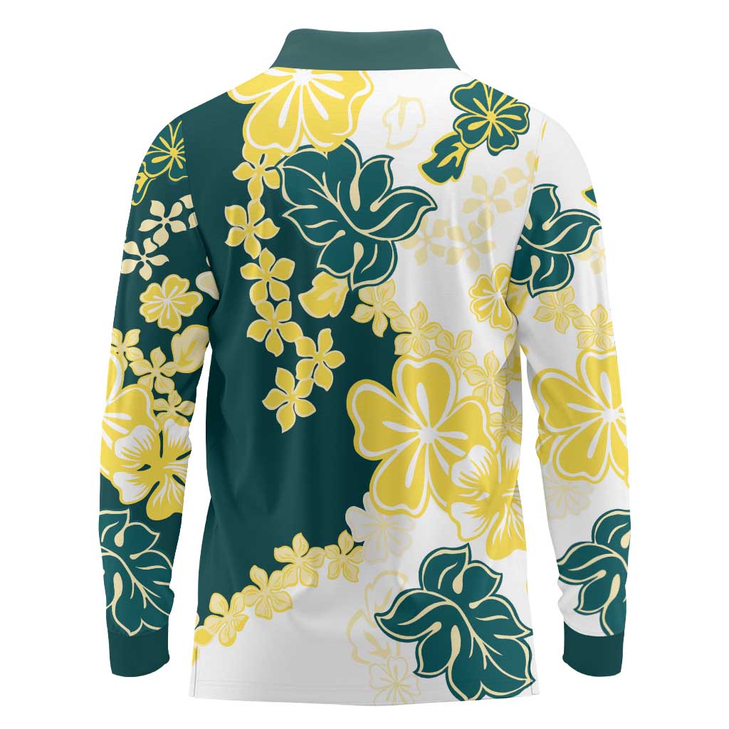Yelow Teal Hibiscus Plumeria Floral Long Sleeve Polo Shirt - Polynesian Pride