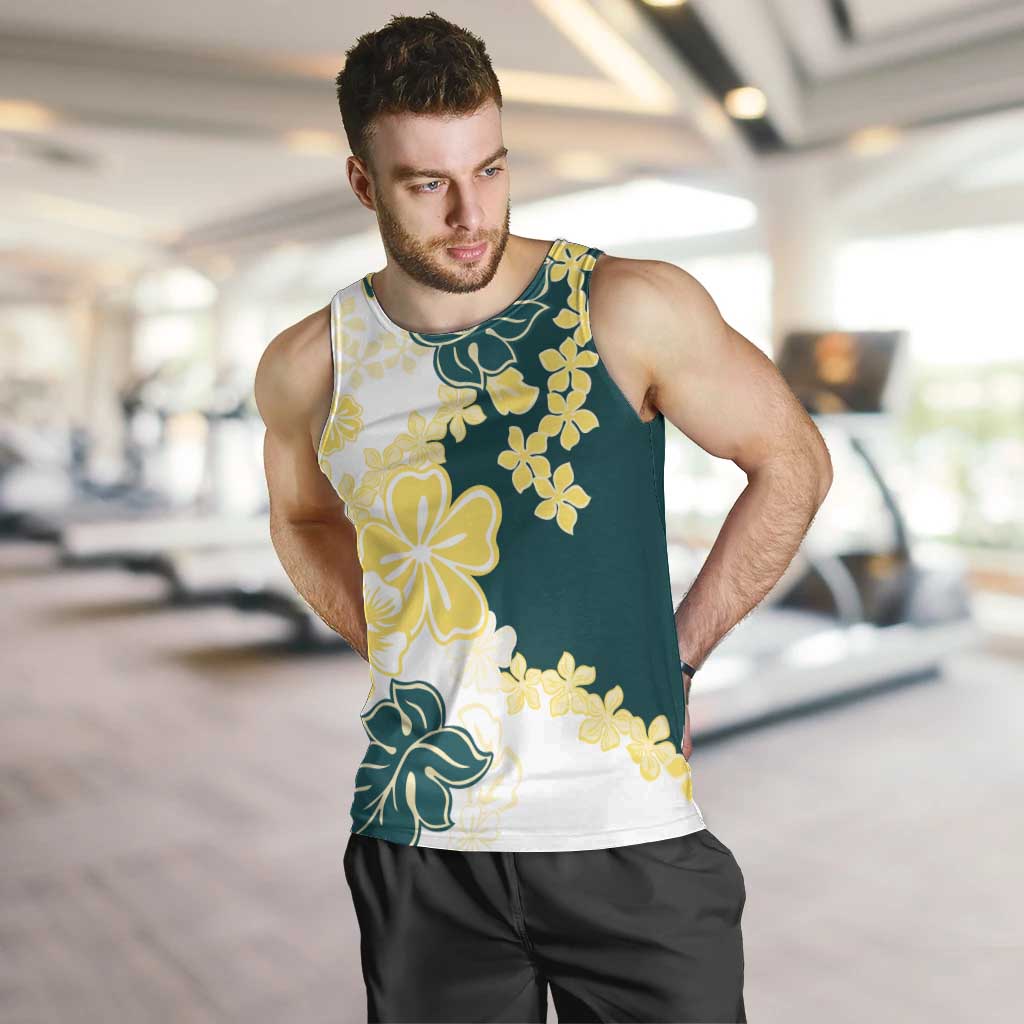 Yelow Teal Hibiscus Plumeria Floral Men Tank Top - Polynesian Pride