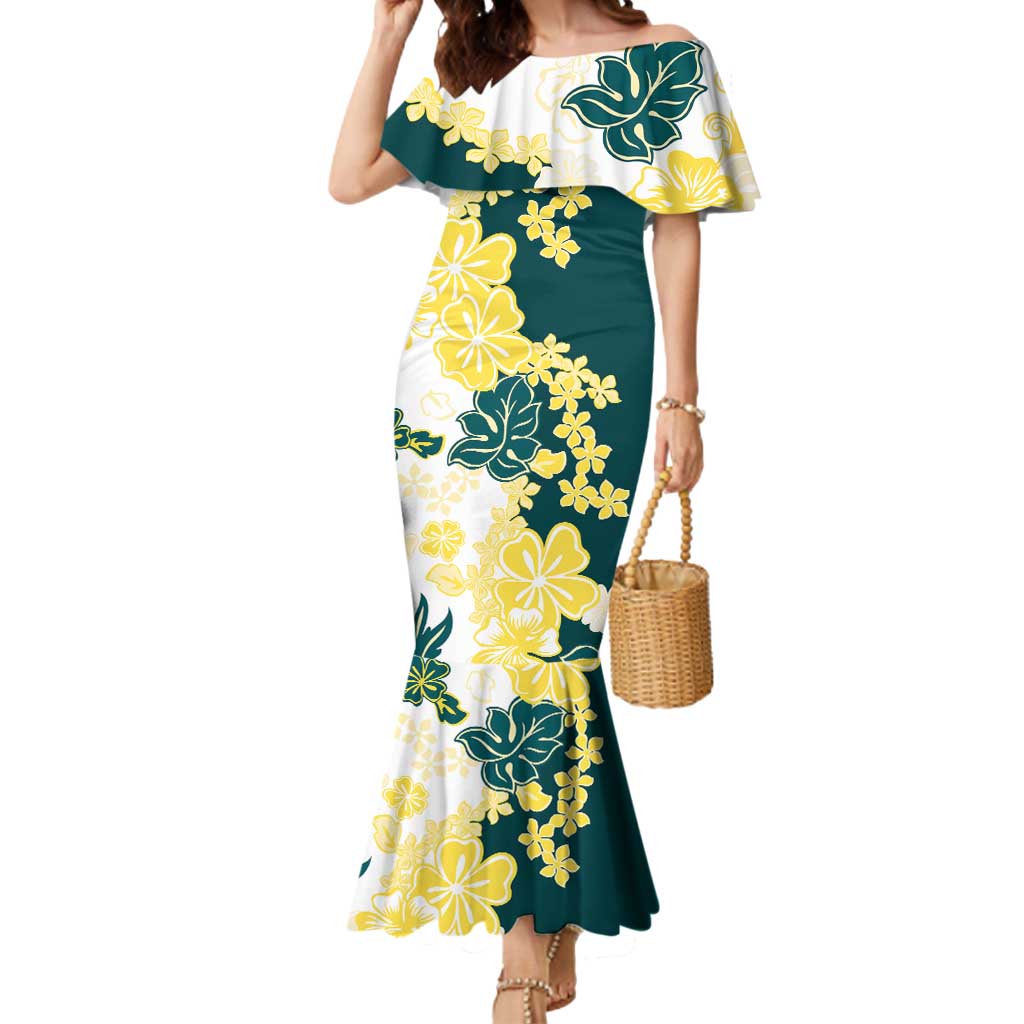 Yelow Teal Hibiscus Plumeria Floral Mermaid Dress LT01 Women Yellow - Polynesian Pride