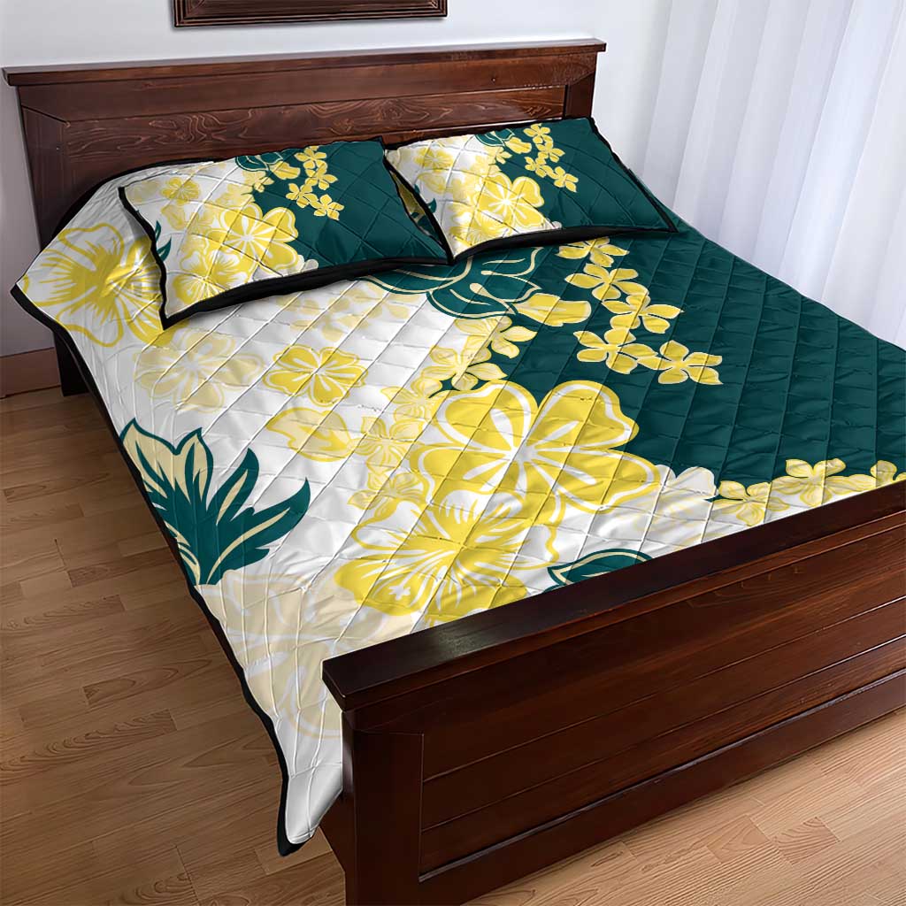 Yelow Teal Hibiscus Plumeria Floral Quilt Bed Set - Polynesian Pride