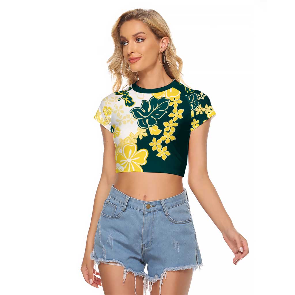 Yelow Teal Hibiscus Plumeria Floral Raglan Cropped T Shirt - Polynesian Pride