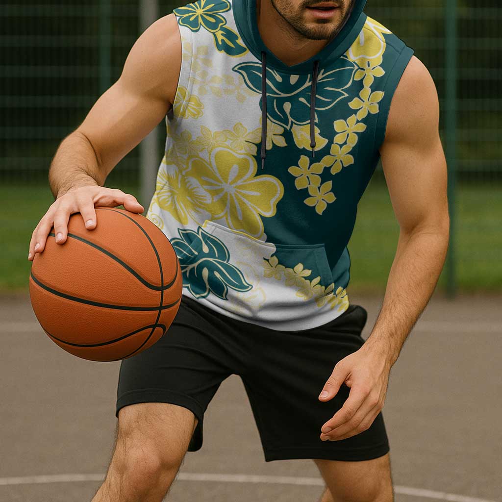 Yelow Teal Hibiscus Plumeria Floral Sleeveless Hoodie - Polynesian Pride