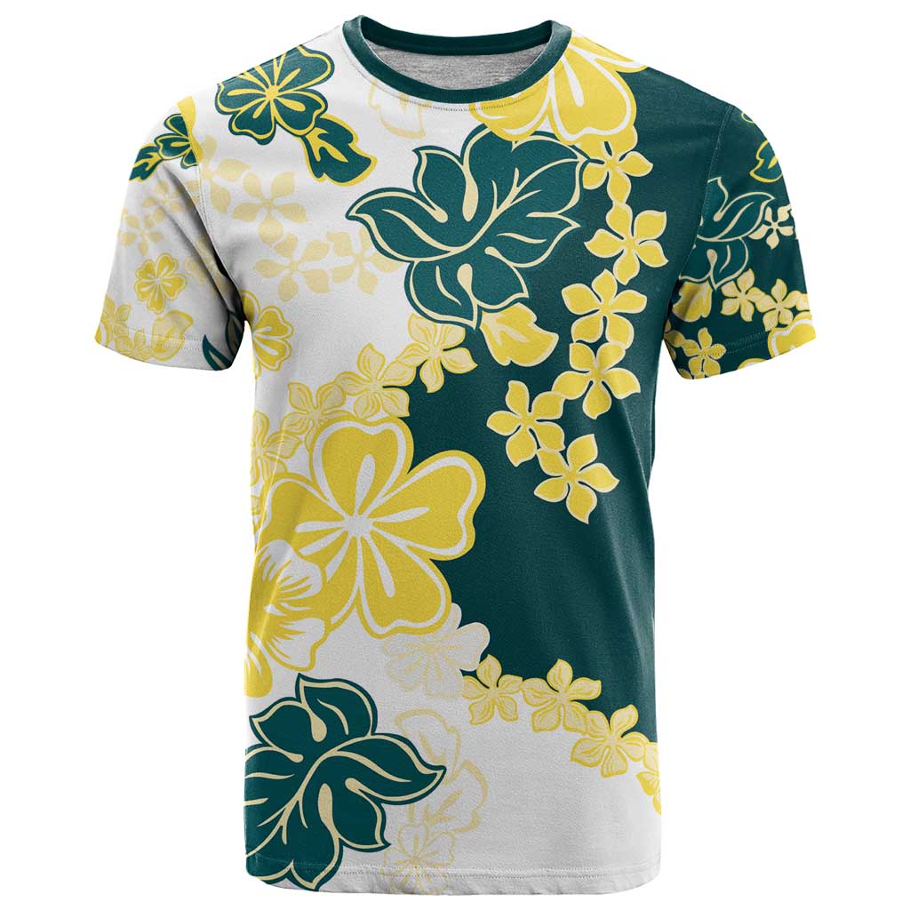 Yelow Teal Hibiscus Plumeria Floral T Shirt - Polynesian Pride