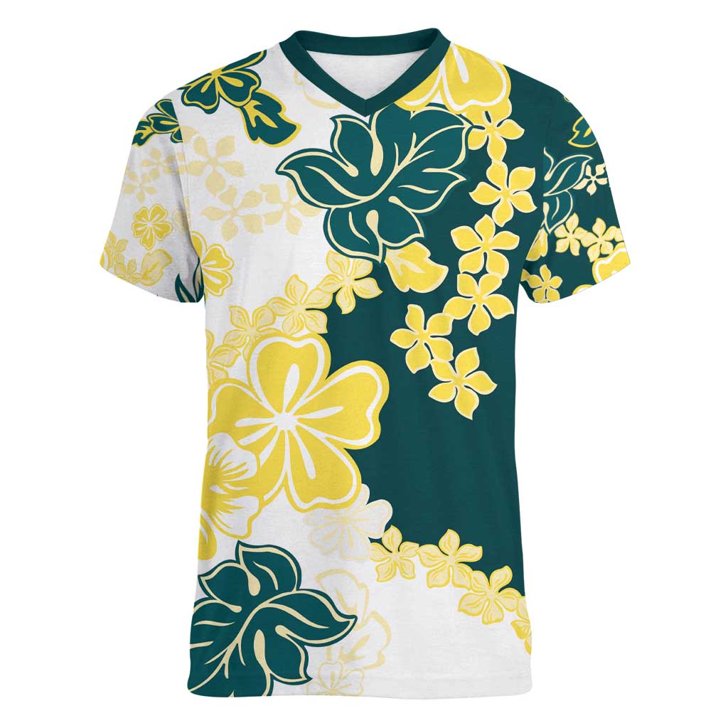Yelow Teal Hibiscus Plumeria Floral Women V-Neck T-Shirt - Polynesian Pride