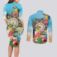 Personalized It's 5 o'clock Somewhere Couples Matching Long Sleeve Bodycon Dress and Long Sleeve Button Shirt Hawaiian Tropical Parrots - Polynesian Pride