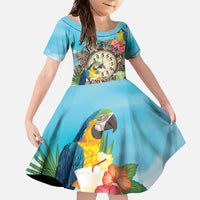 Personalized It's 5 o'clock Somewhere Family Matching Short Sleeve Bodycon Dress and Hawaiian Shirt Hawaiian Tropical Parrots - Polynesian Pride