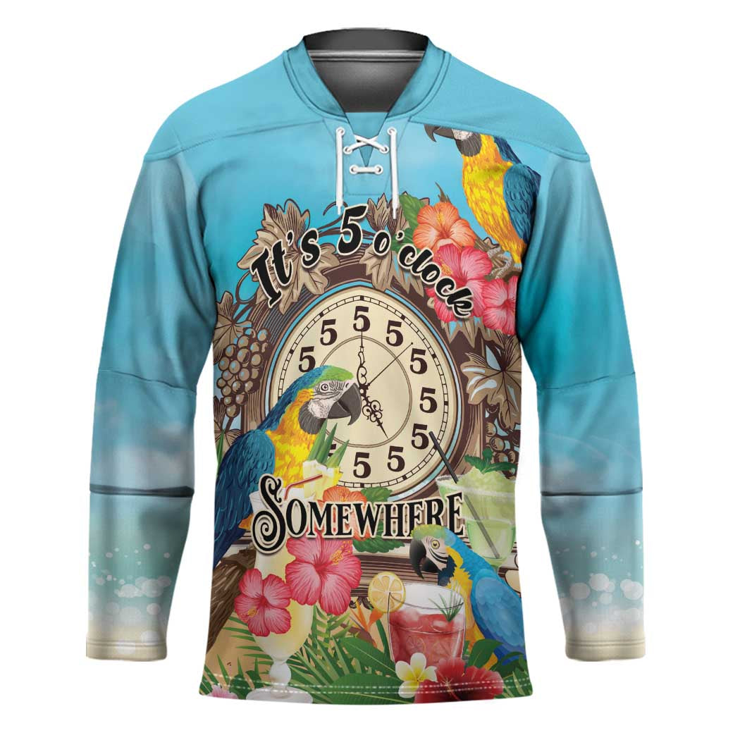 Personalized It's 5 o'clock Somewhere Hockey Jersey Hawaiian Tropical Parrots - Polynesian Pride