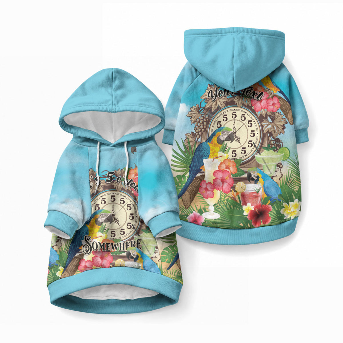 Personalized It's 5 o'clock Somewhere Pet Hoodie Hawaiian Tropical Parrots LT01 Pullover Blue - Polynesian Pride