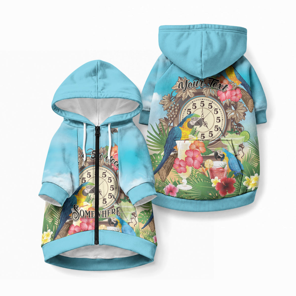 Personalized It's 5 o'clock Somewhere Pet Hoodie Hawaiian Tropical Parrots LT01 Zip-up Blue - Polynesian Pride