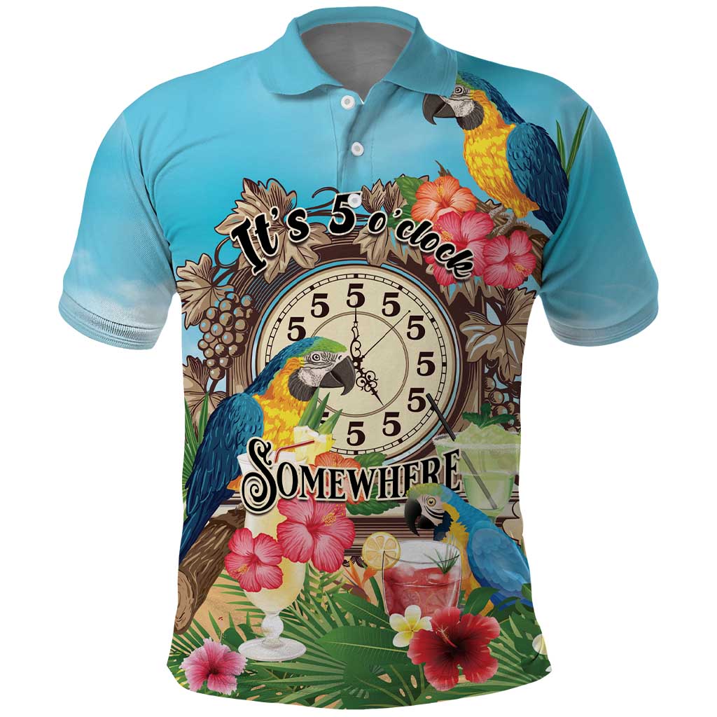 Personalized It's 5 o'clock Somewhere Polo Shirt Hawaiian Tropical Parrots - Polynesian Pride