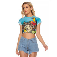 Personalized It's 5 o'clock Somewhere Raglan Cropped T Shirt Hawaiian Tropical Parrots - Polynesian Pride