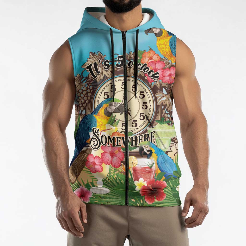 Personalized It's 5 o'clock Somewhere Sleeveless Zip Hoodie Hawaiian Tropical Parrots - Polynesian Pride