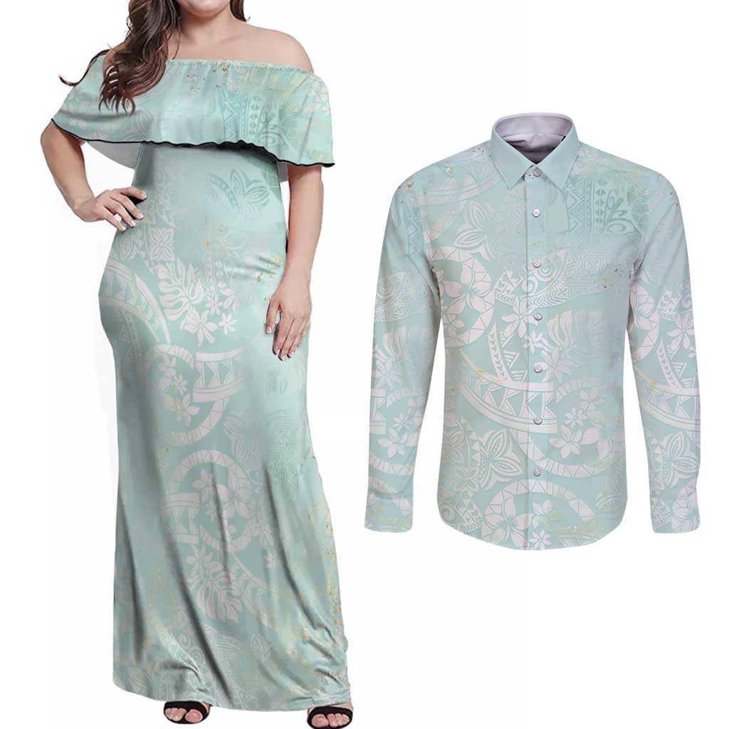 Polynesian Tiare Monstera Seafoam Green Couples Matching Off Shoulder Maxi Dress and Long Sleeve Button Shirt Liquid Style LT01 Green - Polynesian Pride