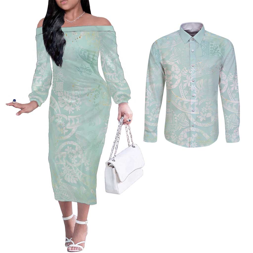 Polynesian Tiare Monstera Seafoam Green Couples Matching Off The Shoulder Long Sleeve Dress and Long Sleeve Button Shirt Liquid Style LT01 Green - Polynesian Pride
