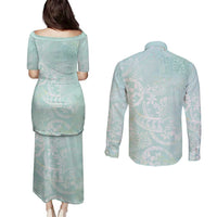 Polynesian Tiare Monstera Seafoam Green Couples Matching Puletasi and Long Sleeve Button Shirt Liquid Style LT01 - Polynesian Pride