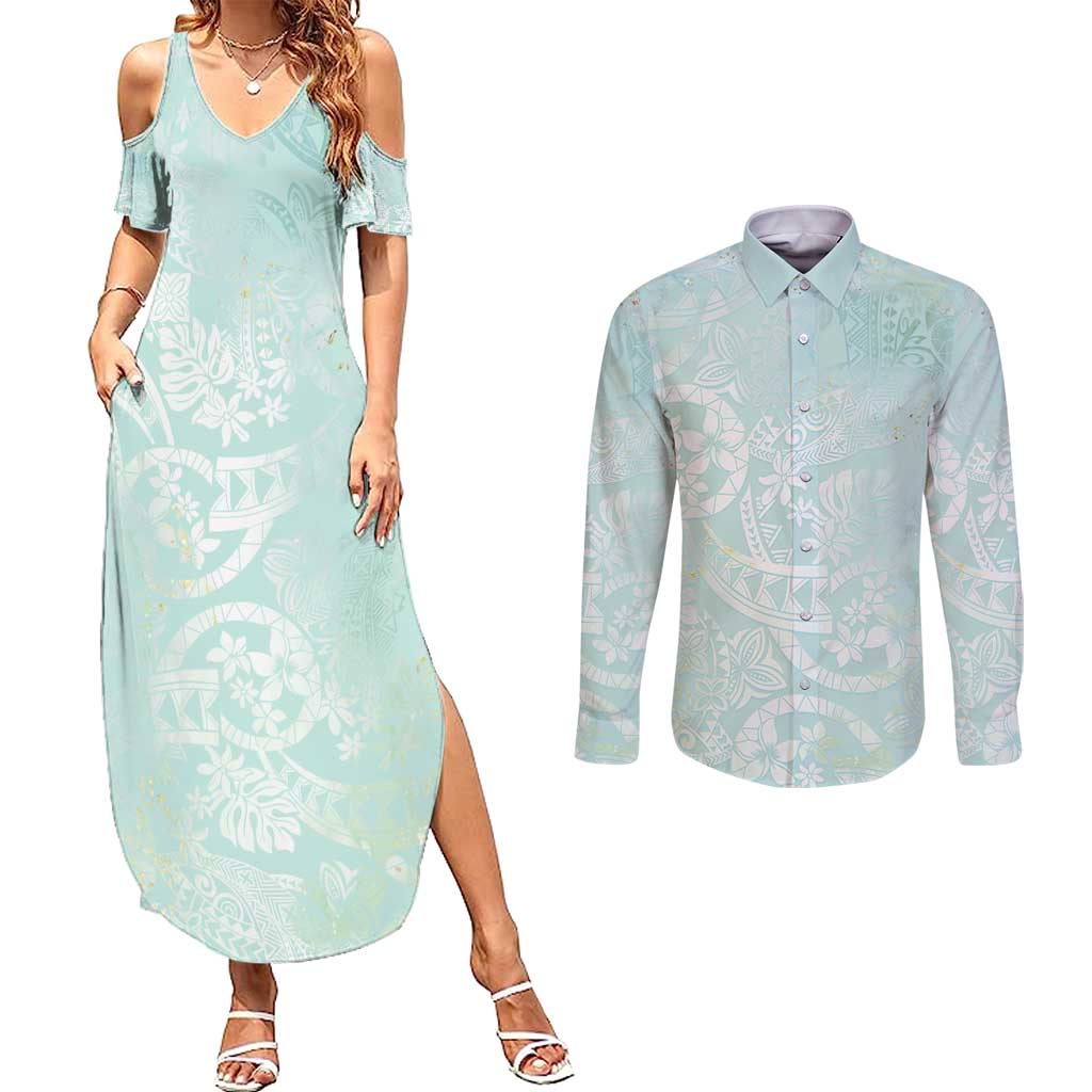 Polynesian Tiare Monstera Seafoam Green Couples Matching Summer Maxi Dress and Long Sleeve Button Shirt Liquid Style LT01 Green - Polynesian Pride