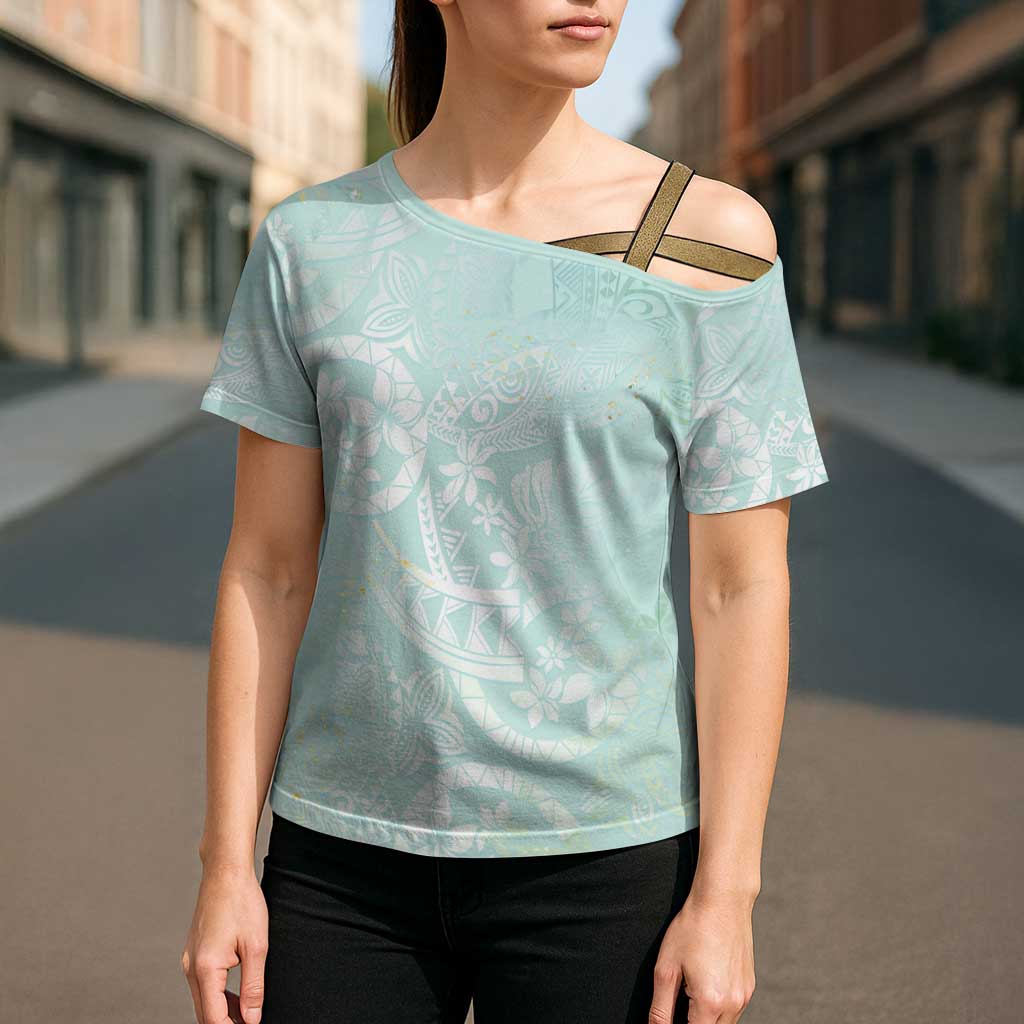 Polynesian Tiare Monstera Seafoam Green Cross Shoulder Shirt Liquid Style - Polynesian Pride