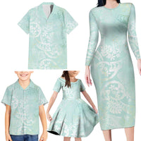 Polynesian Tiare Monstera Seafoam Green Family Matching Long Sleeve Bodycon Dress and Hawaiian Shirt Liquid Style LT01 - Polynesian Pride