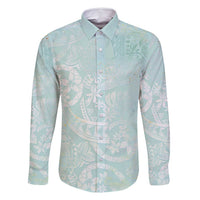 Polynesian Tiare Monstera Seafoam Green Family Matching Long Sleeve Bodycon Dress and Hawaiian Shirt Liquid Style LT01 Dad's Shirt - Long Sleeve Green - Polynesian Pride